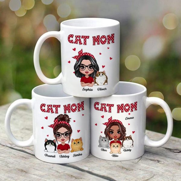 Polka Dot Pattern Doll Cat Mom Personalized Mug