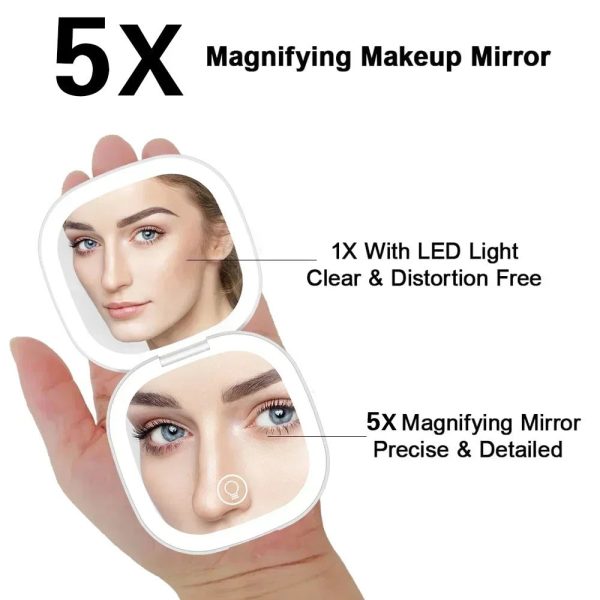 Portable Led Makeup Mirror With 1X/5X Magnification, Usb Rechargeable