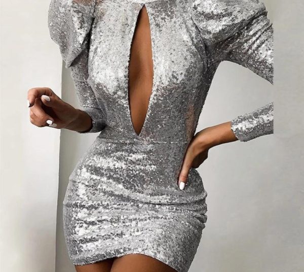 Puff Sleeve Hollow Out Sequin Bodycon Mini Dresses Puff Sleeve Hollow Out Sequin Bodycon Mini Dresses
