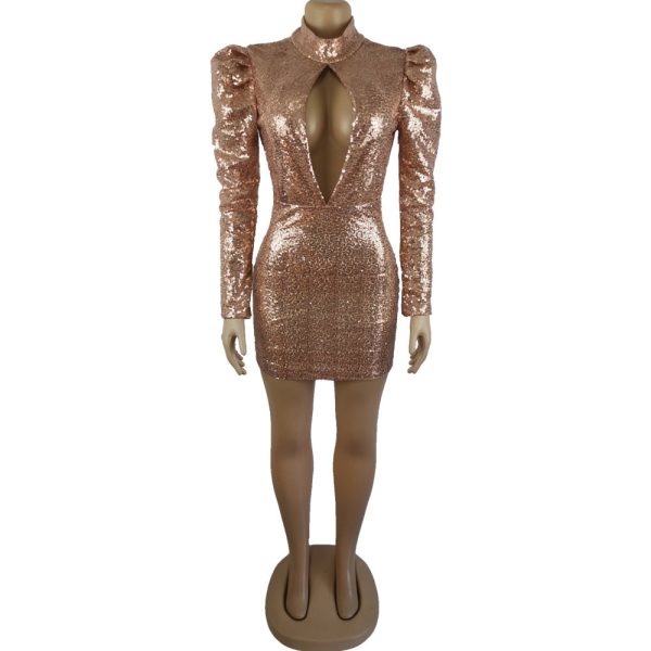 Puff Sleeve Hollow Out Sequin Bodycon Mini Dresses Puff Sleeve Hollow Out Sequin Bodycon Mini Dresses