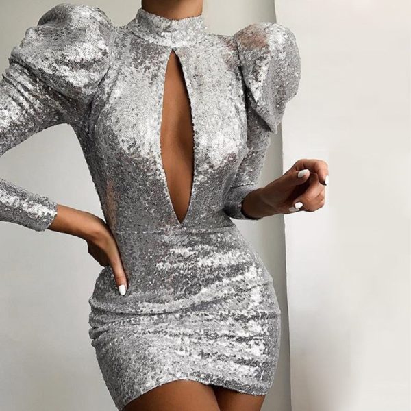 Puff Sleeve Hollow Out Sequin Bodycon Mini Dresses Puff Sleeve Hollow Out Sequin Bodycon Mini Dresses