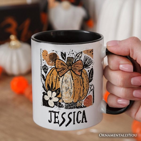 Pumpkin Fall Floral Personalized Mug, Thanksgiving Coquette Bow Gift with Custom Name Pumpkin Fall Floral Personalized Mug, Thanksgiving Coquette Bow Gift with Custom Name