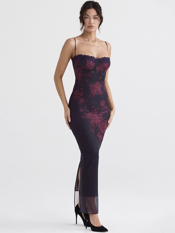 Purple Floral Print Mesh Strap Midi Dress Purple Floral Print Mesh Strap Midi Dress