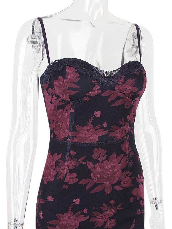 Purple Floral Print Mesh Strap Midi Dress Purple Floral Print Mesh Strap Midi Dress