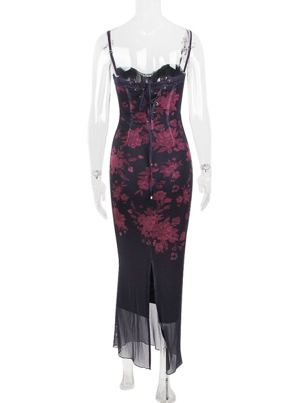 Purple Floral Print Mesh Strap Midi Dress Purple Floral Print Mesh Strap Midi Dress