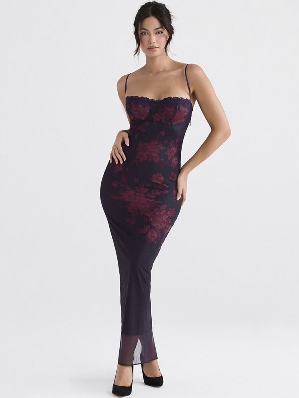 Purple Floral Print Mesh Strap Midi Dress Purple Floral Print Mesh Strap Midi Dress
