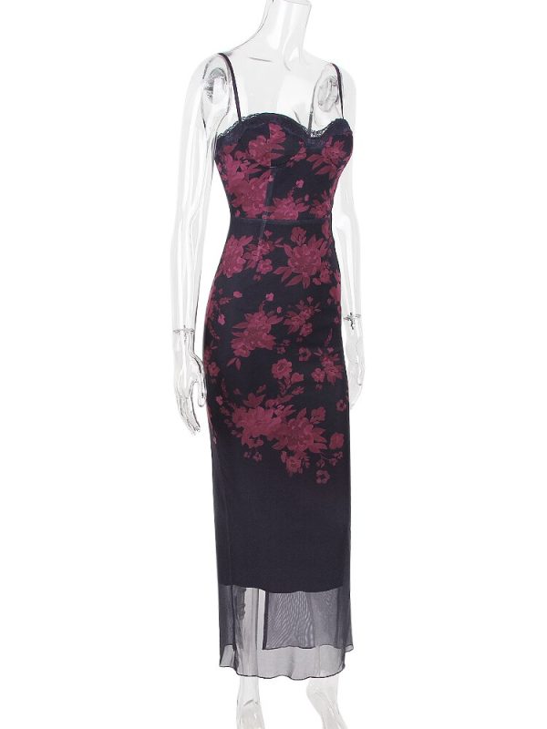 Purple Floral Print Mesh Strap Midi Dress Purple Floral Print Mesh Strap Midi Dress