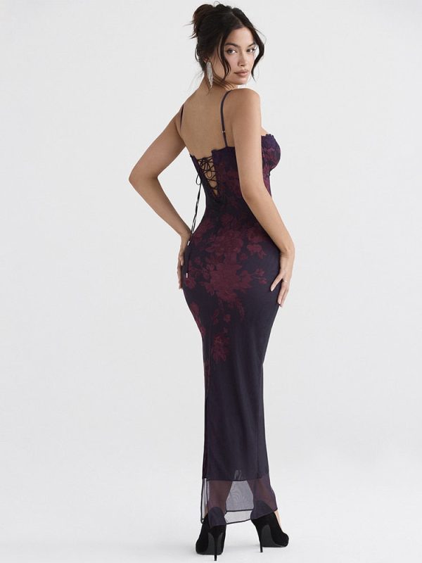 Purple Floral Print Mesh Strap Midi Dress Purple Floral Print Mesh Strap Midi Dress