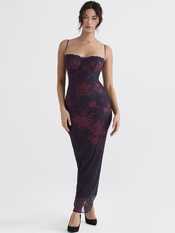 Purple Floral Print Mesh Strap Midi Dress Purple Floral Print Mesh Strap Midi Dress