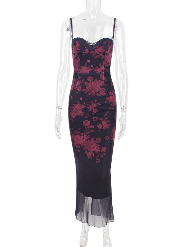 Purple Floral Print Mesh Strap Midi Dress Purple Floral Print Mesh Strap Midi Dress