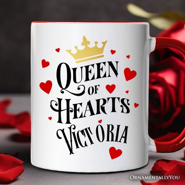 Queen of Hearts Crown Personalized Mug, Royal Retro Valentine Gift with Custom Name Queen of Hearts Crown Personalized Mug, Royal Retro Valentine Gift with Custom Name