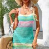 Rainbow Striped Open Knit Crochet Beach Vacation Mini Sundress - Lake Blue