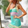 Rainbow Striped Open Knit Crochet Beach Vacation Mini Sundress - Lake Blue