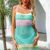 Rainbow Striped Open Knit Crochet Beach Vacation Mini Sundress - Lake Blue
