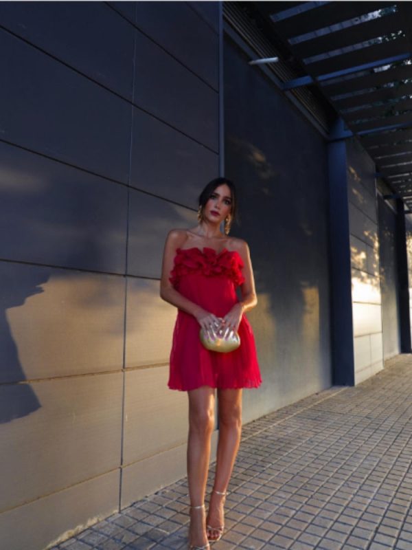 Red Ruffled Pleated Strapless Mini Dress