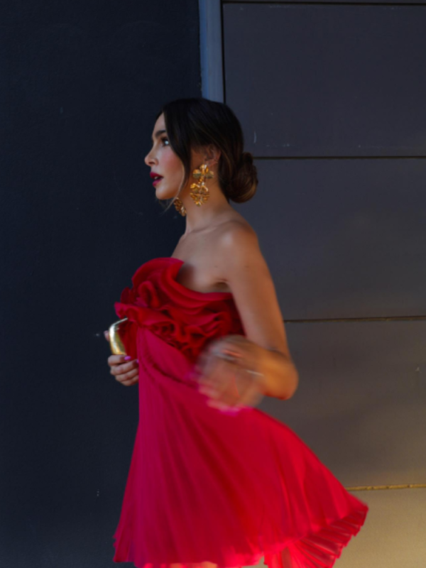 Red Ruffled Pleated Strapless Mini Dress