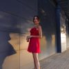Red Ruffled Pleated Strapless Mini Dress