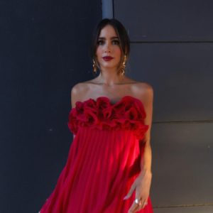 Red Ruffled Pleated Strapless Mini Dress