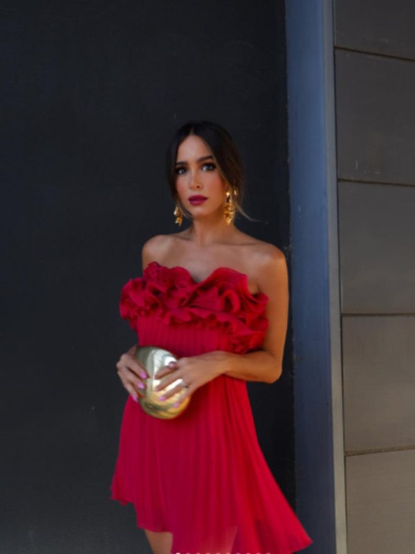 Red Ruffled Pleated Strapless Mini Dress