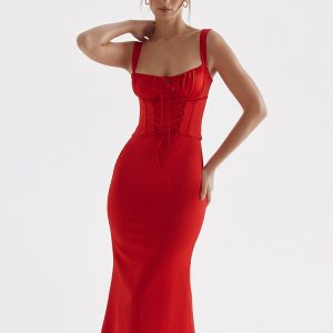 Red Satin Tie-Up Bustier Strappy Midi Dress