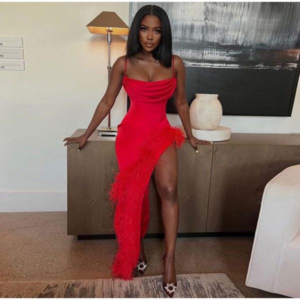 Red Strap Feather Slit Trim Midi Dress Red Strap Feather Slit Trim Midi Dress