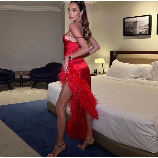 Red Strap Feather Slit Trim Midi Dress Red Strap Feather Slit Trim Midi Dress