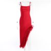 Red Strap Feather Slit Trim Midi Dress Red Strap Feather Slit Trim Midi Dress