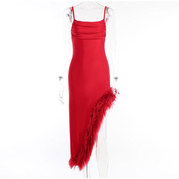 Red Strap Feather Slit Trim Midi Dress Red Strap Feather Slit Trim Midi Dress
