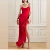 Red Strap Feather Slit Trim Midi Dress Red Strap Feather Slit Trim Midi Dress