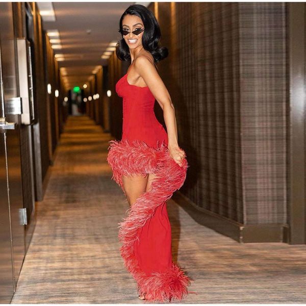 Red Strap Feather Slit Trim Midi Dress Red Strap Feather Slit Trim Midi Dress