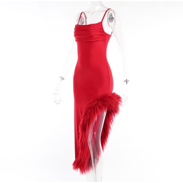 Red Strap Feather Slit Trim Midi Dress Red Strap Feather Slit Trim Midi Dress