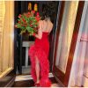 Red Strap Feather Slit Trim Midi Dress Red Strap Feather Slit Trim Midi Dress