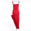 Red Strap Feather Slit Trim Midi Dress Red Strap Feather Slit Trim Midi Dress