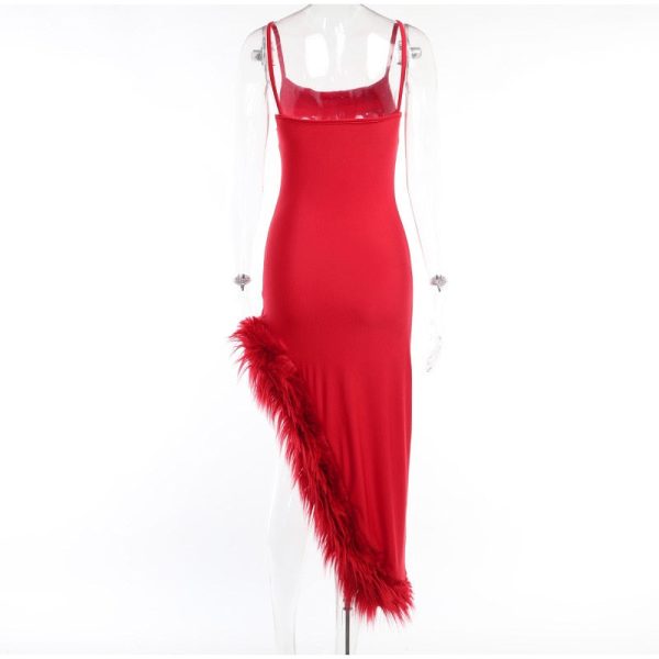 Red Strap Feather Slit Trim Midi Dress Red Strap Feather Slit Trim Midi Dress