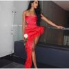 Red Strap Feather Slit Trim Midi Dress Red Strap Feather Slit Trim Midi Dress