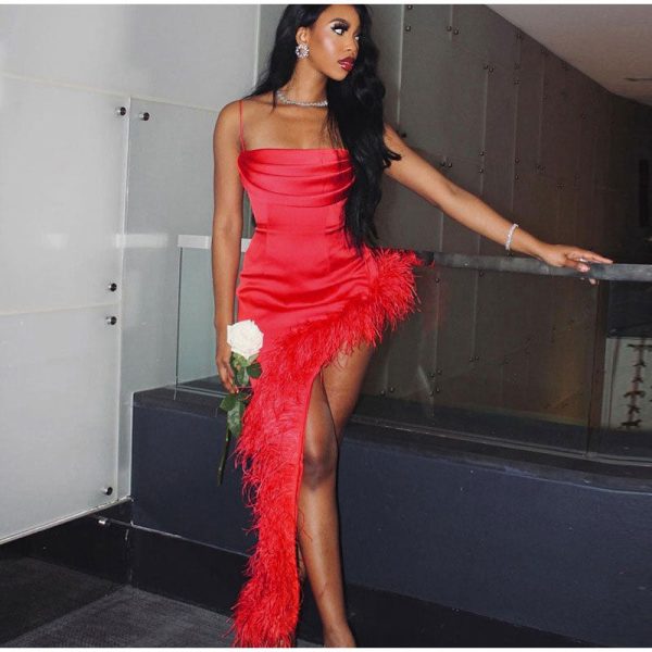 Red Strap Feather Slit Trim Midi Dress Red Strap Feather Slit Trim Midi Dress