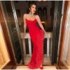 Red Strap Feather Slit Trim Midi Dress Red Strap Feather Slit Trim Midi Dress