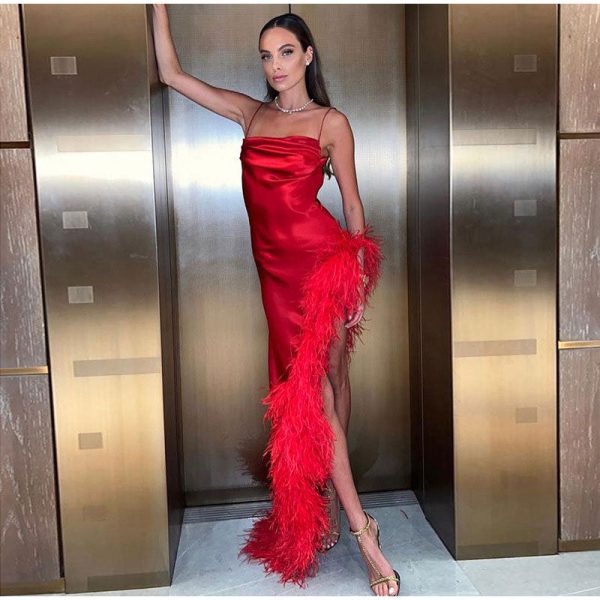 Red Strap Feather Slit Trim Midi Dress Red Strap Feather Slit Trim Midi Dress