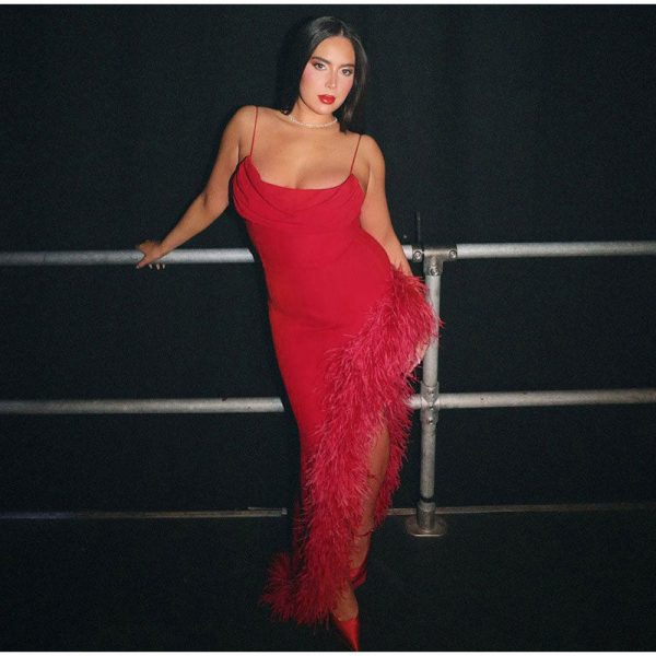 Red Strap Feather Slit Trim Midi Dress Red Strap Feather Slit Trim Midi Dress