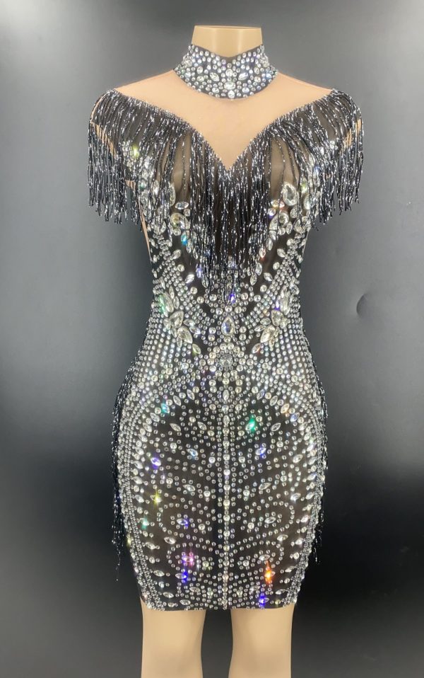 Rhinestone Tassel Mesh Mini Dresses Rhinestone Tassel Mesh Mini Dresses