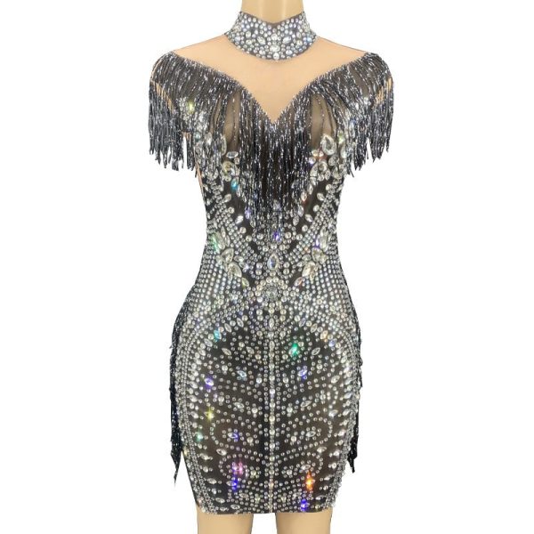 Rhinestone Tassel Mesh Mini Dresses Rhinestone Tassel Mesh Mini Dresses