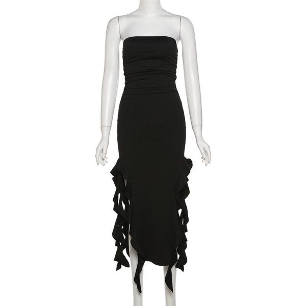 Ruffle Fringe Double Slit Tube Midi Dress Ruffle Fringe Double Slit Tube Midi Dress