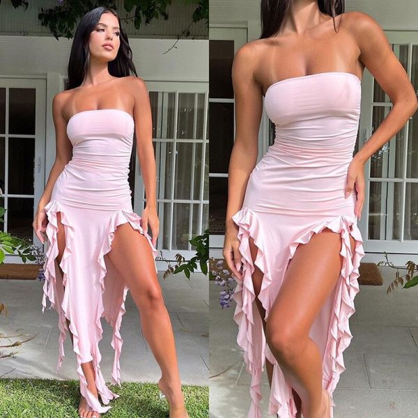 Ruffle Fringe Double Slit Tube Midi Dress Ruffle Fringe Double Slit Tube Midi Dress
