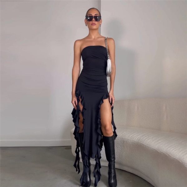 Ruffle Fringe Double Slit Tube Midi Dress Ruffle Fringe Double Slit Tube Midi Dress