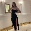 Ruffle Fringe Double Slit Tube Midi Dress Ruffle Fringe Double Slit Tube Midi Dress