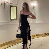 Ruffle Fringe Double Slit Tube Midi Dress Ruffle Fringe Double Slit Tube Midi Dress