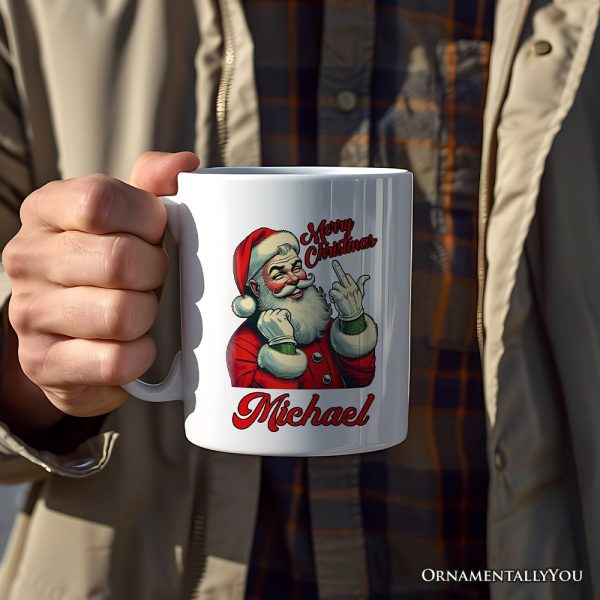 Santa Middle Finger Christmas Personalized Mug, Vintage Humorous Gift with Custom Name Santa Middle Finger Christmas Personalized Mug, Vintage Humorous Gift with Custom Name