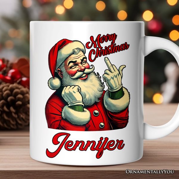 Santa Middle Finger Christmas Personalized Mug, Vintage Humorous Gift with Custom Name Santa Middle Finger Christmas Personalized Mug, Vintage Humorous Gift with Custom Name