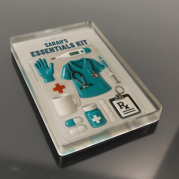 Sarah's Essentials Kit, Medical Scrubs, Stethoscope, Glove, Coffee Mug - Personalized Custom Acrylic Plaque - NUR001_RECA