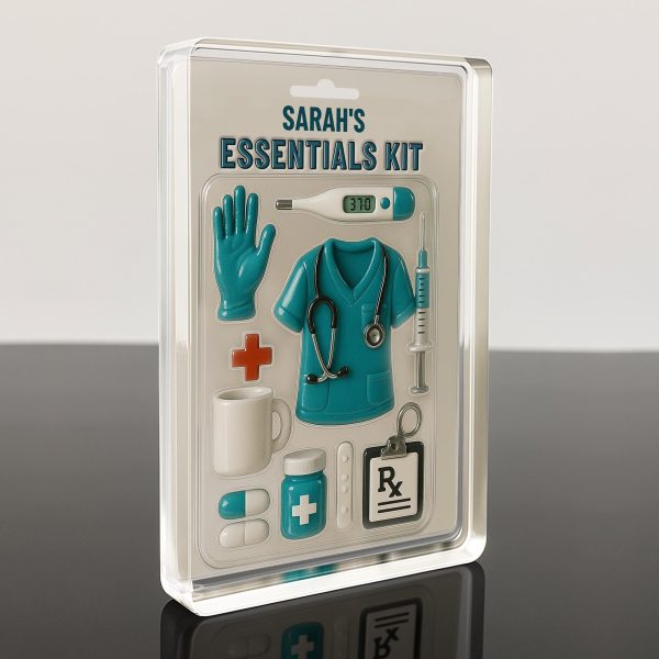 Sarah's Essentials Kit, Medical Scrubs, Stethoscope, Glove, Coffee Mug - Personalized Custom Acrylic Plaque - NUR001_RECA